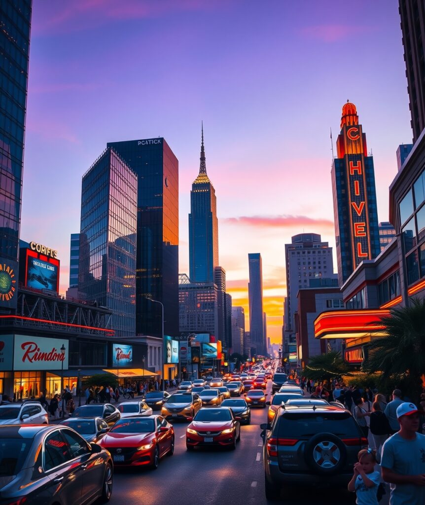 Cityscape at Dusk with Neon Lights – free AI stock image