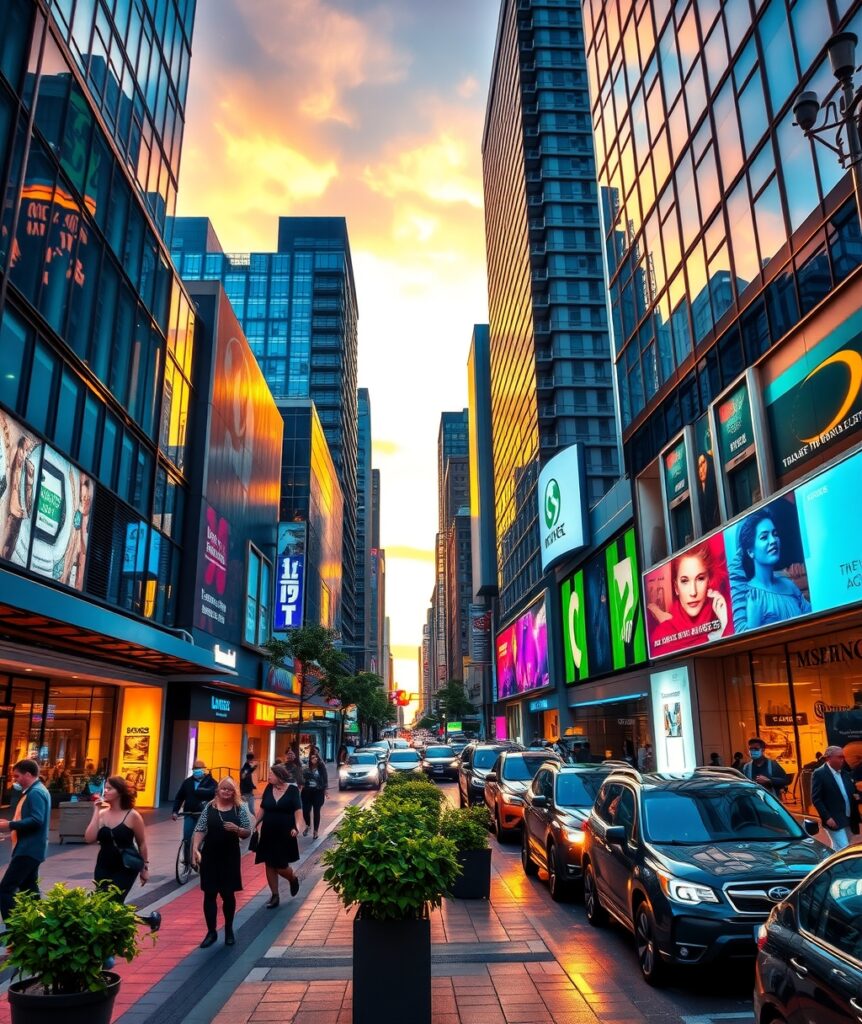 Cityscape at Dusk with Neon Lights – free AI stock image