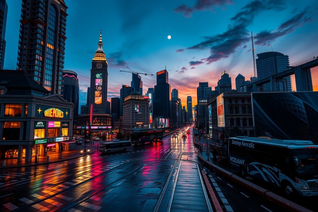 Cityscape at Dusk with Neon Lights – free AI stock image