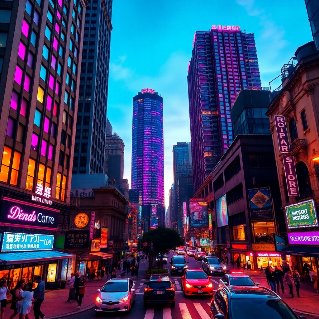 Cityscape at Dusk with Neon Lights – free AI stock image