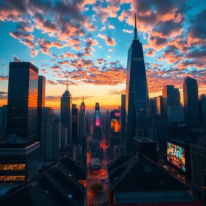 Cityscape at Dusk with Skyscrapers – free AI stock image