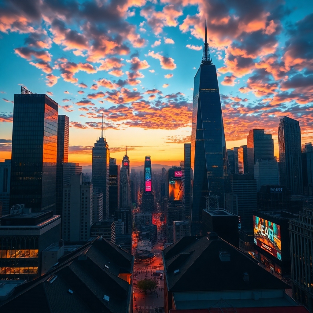 Cityscape at Dusk with Skyscrapers – free AI stock image