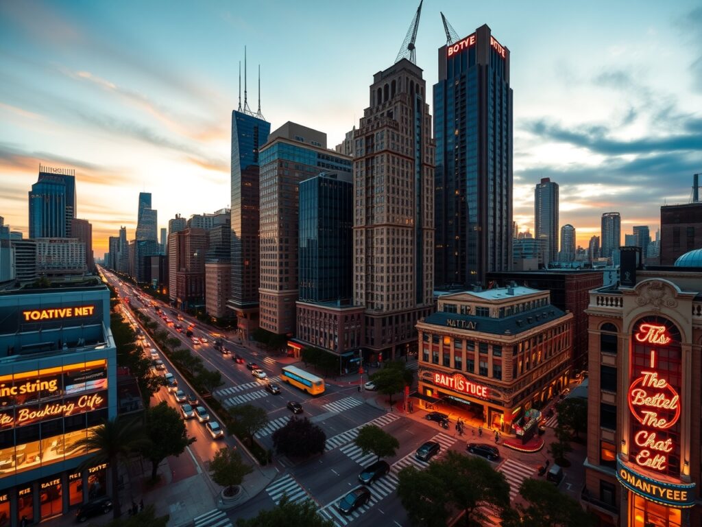 Cityscape at Dusk with Urban Life – free AI stock image