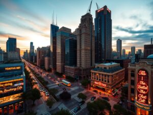 Cityscape at Dusk with Urban Life – free AI stock image