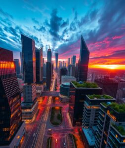 Cityscape at Dusk with Vibrant Lights – free AI stock image