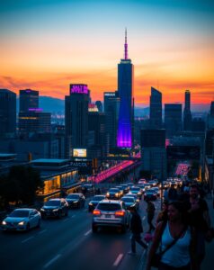 Cityscape at Twilight with Neon Lights – free AI stock image