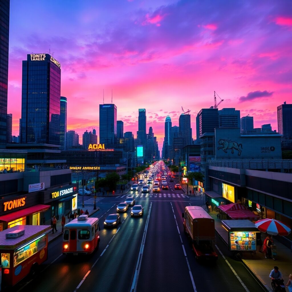 Cityscape at Twilight with Neon Lights – free AI stock image