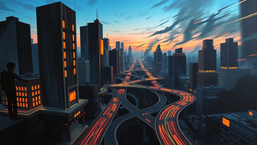 Cityscape in Cubist Chaos – free AI stock image