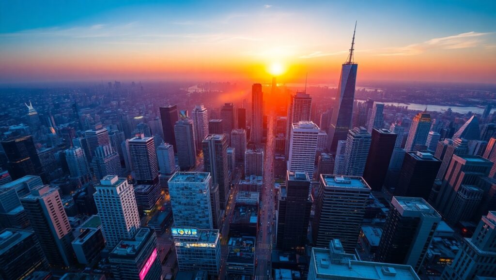 Cityscape Sunset from Above – free AI stock image