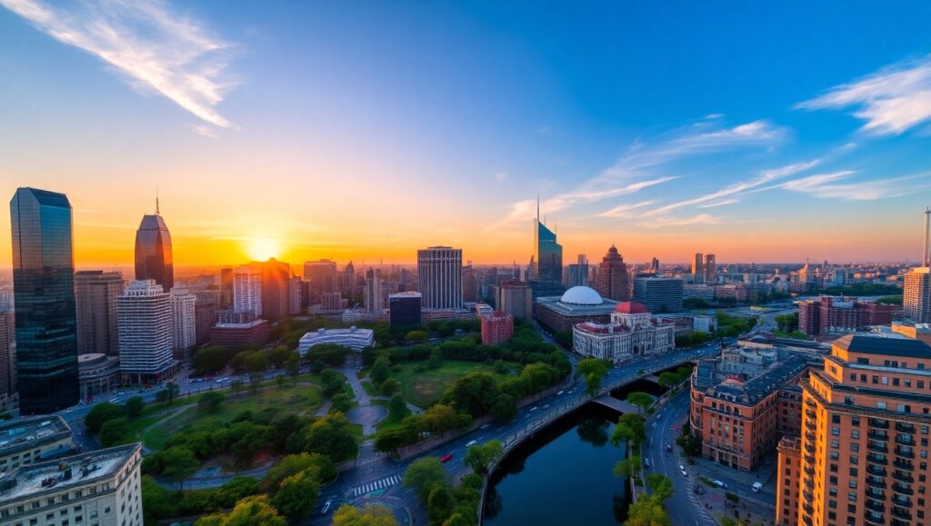 Cityscape Sunset from High Angle – free AI stock image
