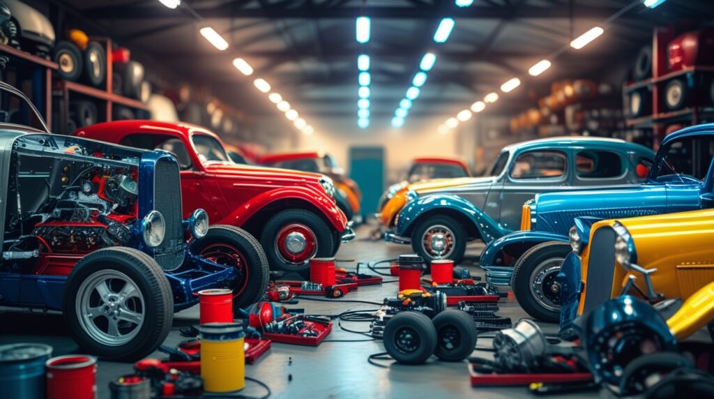 Classic Cars in a Collaborative Workshop Scene – free AI stock image