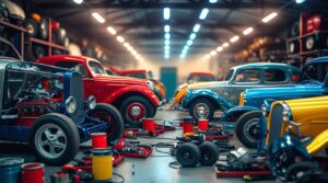 Classic Cars in a Collaborative Workshop Scene – free AI stock image