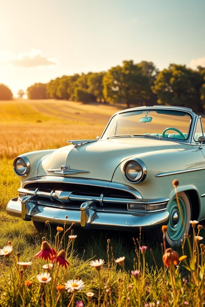 Classic Vintage Car in Sunlit Field – free AI stock image