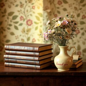 Classic Vintage Still Life with Books and Flowers – free AI stock image