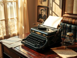 Classic Vintage Typewriter on Wooden Desk – free AI stock image