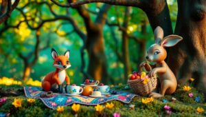 Clay Animals’ Picnic in the Forest – free AI stock image