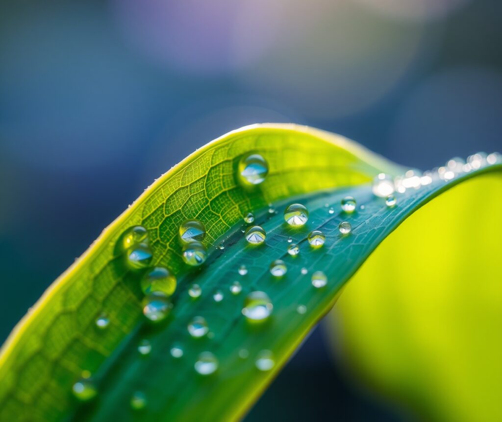 Close-Up of a Dewy Leaf in Morning Light – free AI stock image