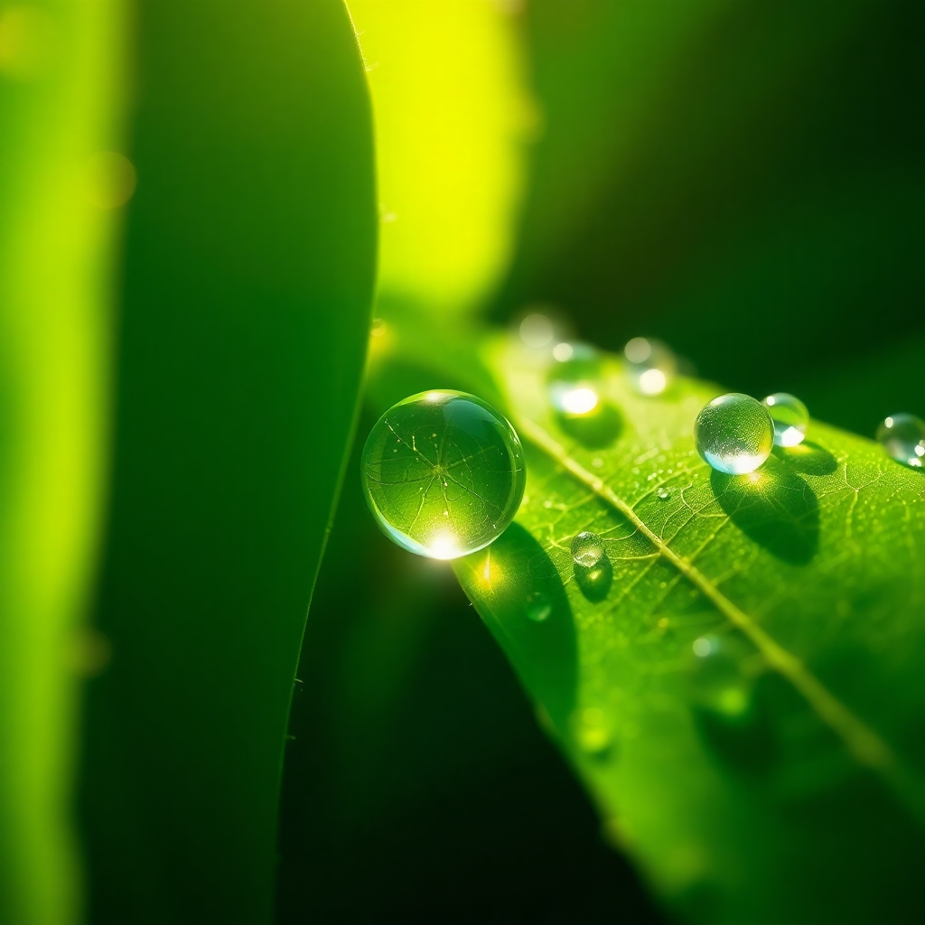 Close-Up of Dew Droplets on Leaves – free AI stock image