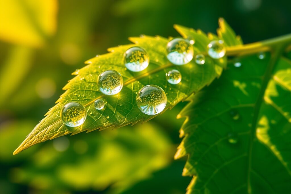 Close-up of Dew Droplets on Leaves – free AI stock image