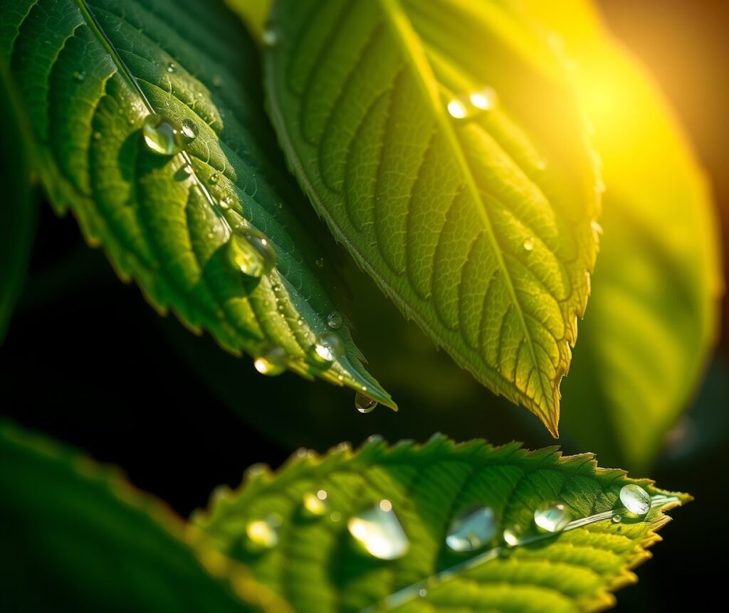 Close-Up of Dew-Kissed Leaves at Dawn – free AI stock image