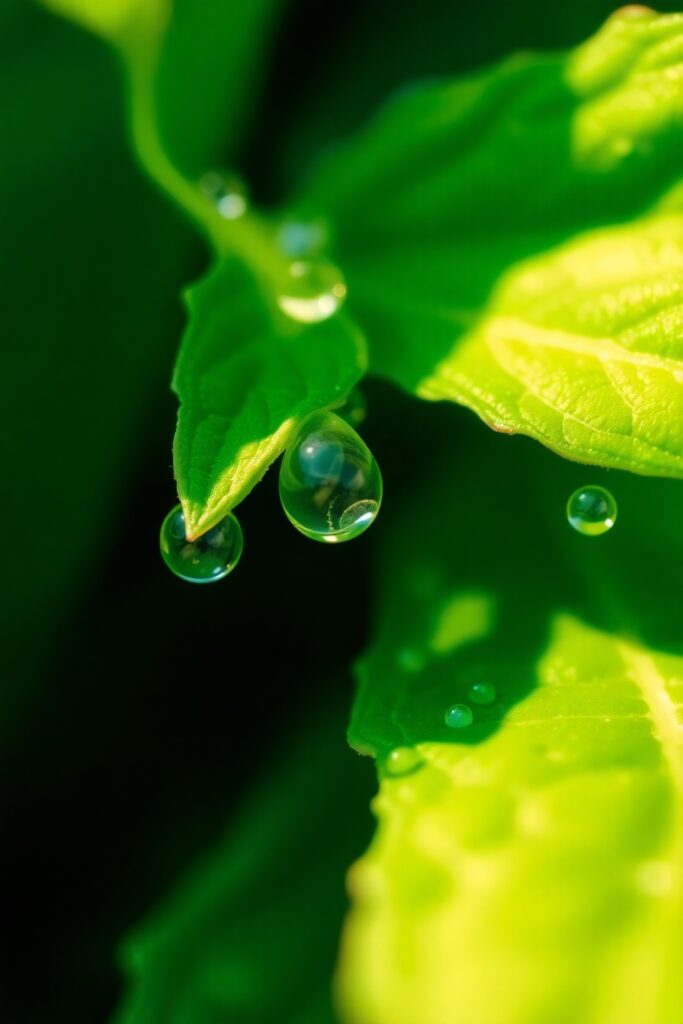 Close-Up of Dewdrops on Green Leaves – free AI stock image