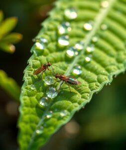 Close-Up of Dewy Leaf with Insects – free AI stock image