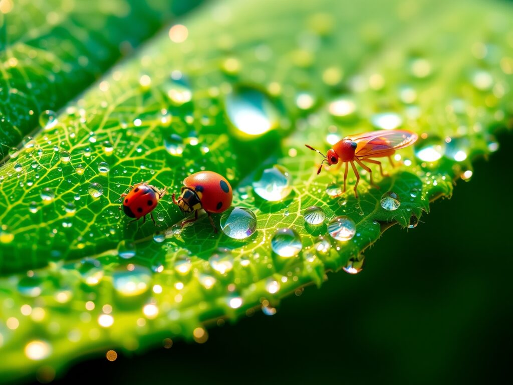 Close-up of Dewy Leaf with Insects – free AI stock image