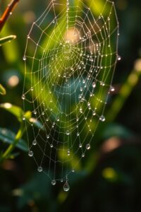 Close-up of Dewy Spider Web at Dawn – free AI stock image
