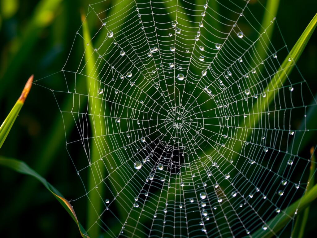 Close-up of Dewy Spider Web on Grass – free AI stock image