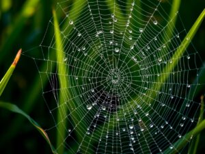 Close-up of Dewy Spider Web on Grass – free AI stock image