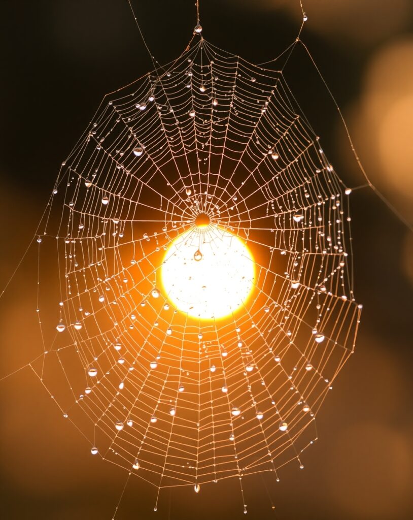 Close-Up of Dewy Spiderweb at Dawn – free AI stock image