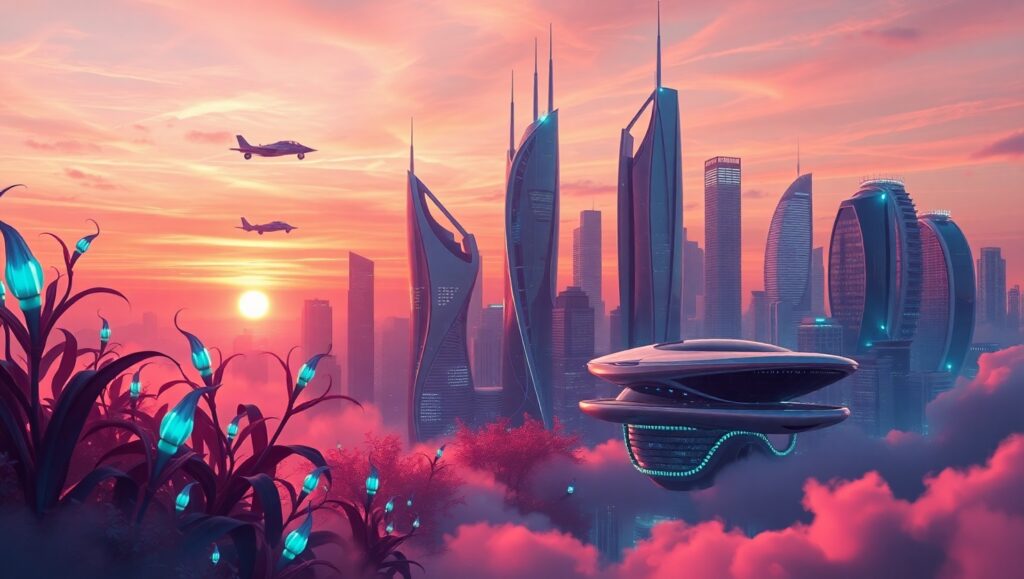 Cloud City: Nature Meets Tech – free AI stock image