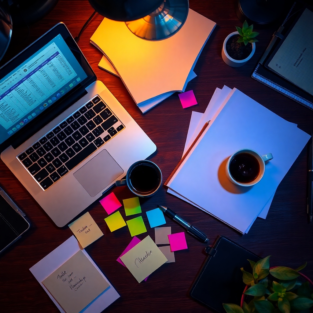 Cluttered Office Desk with Business Tools – free AI stock image