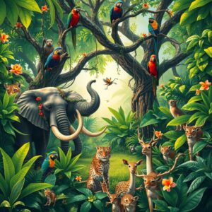 Colorful Animal Gathering in a Lush Jungle – free AI stock image