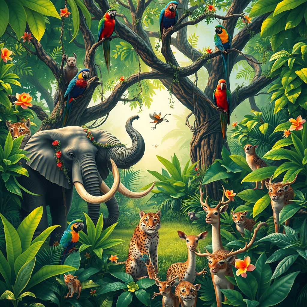 Colorful Animal Gathering in a Lush Jungle – free AI stock image