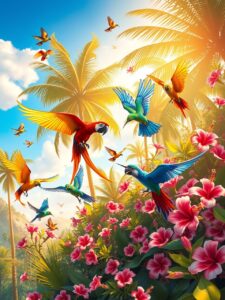 Colorful Animated Birds in a Tropical Paradise – free AI stock image