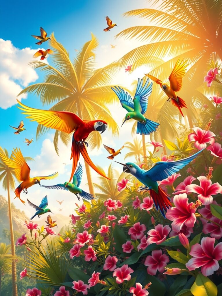 Colorful Animated Birds in a Tropical Paradise – free AI stock image