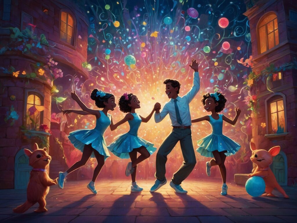 Colorful Animated Characters in a Dance Scene – free AI stock image
