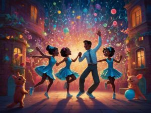 Colorful Animated Characters in a Dance Scene – free AI stock image