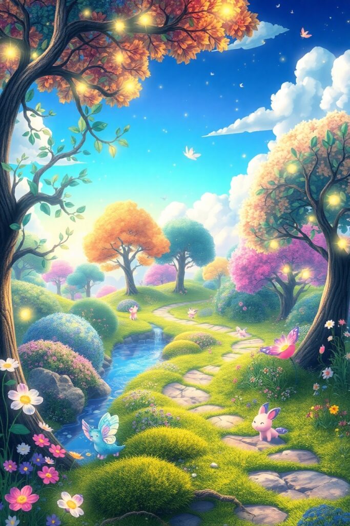 Colorful Animated Fantasy Landscape with Creatures – free AI stock image