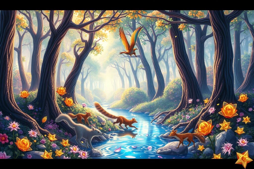 Colorful Animated Forest Adventure – free AI stock image