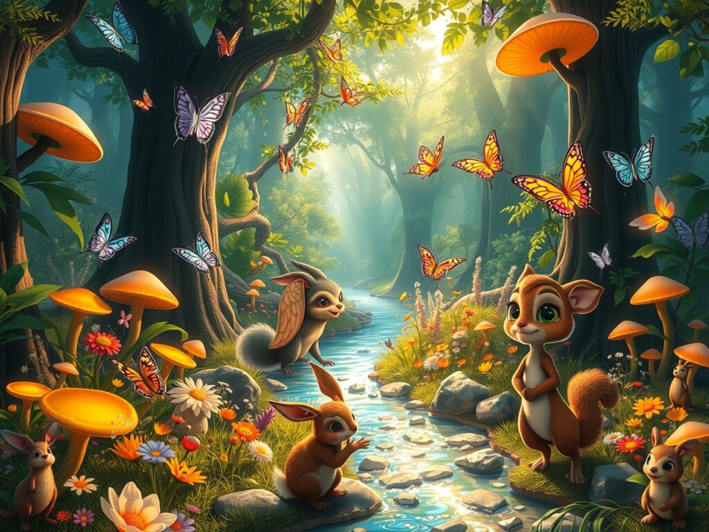 Colorful Animated Forest Adventure – free AI stock image