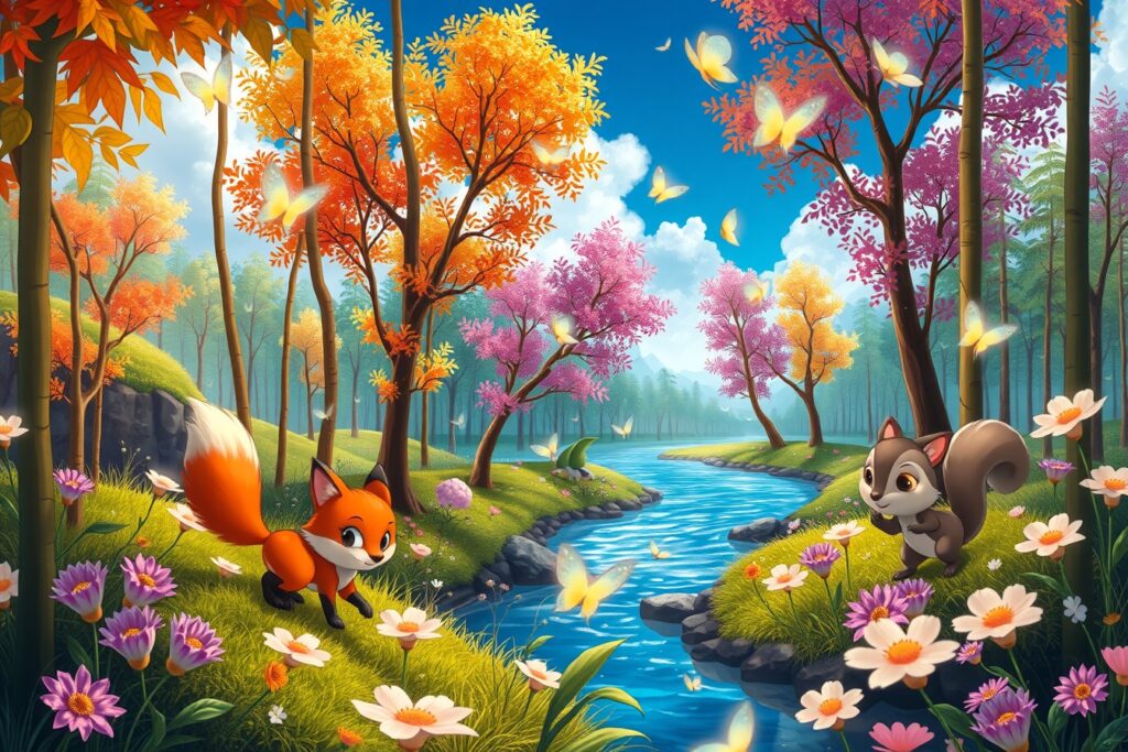 Colorful Animated Forest Adventure – free AI stock image
