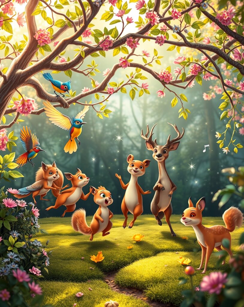 Colorful Animated Forest Creatures Playful Dance – free AI stock image