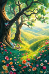 Colorful Animated Forest Landscape with Creatures – free AI stock image