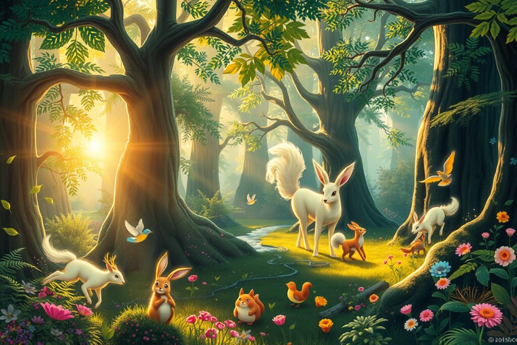 Colorful Animated Forest Scene with Animals – free AI stock image