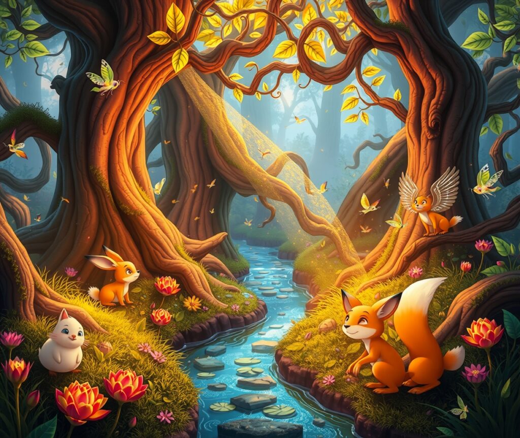 Colorful Animated Forest Scene with Animals – free AI stock image