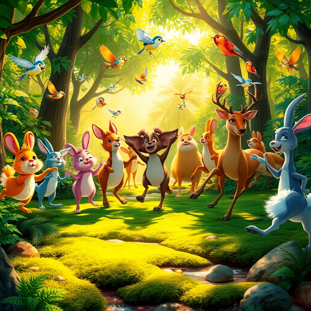 Colorful Animated Forest with Dancing Animals – free AI stock image