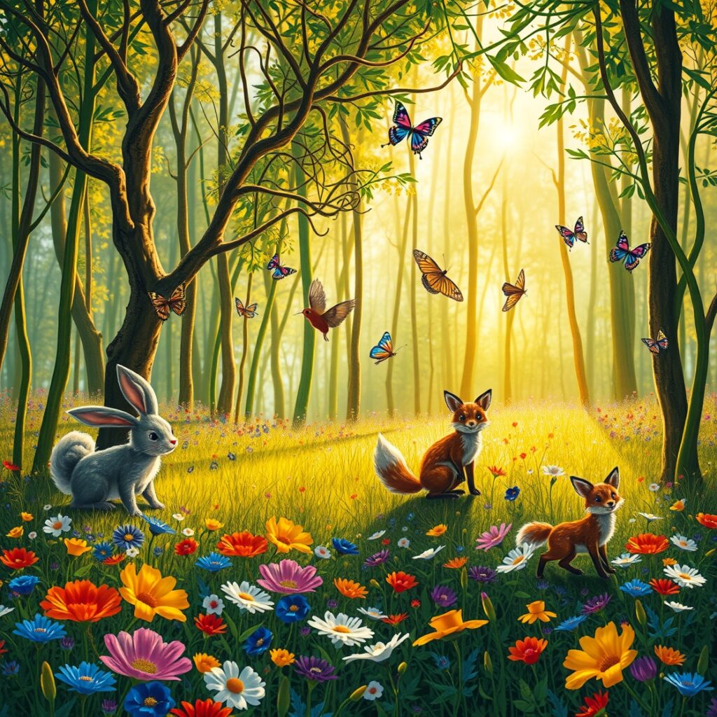 Colorful Animated Forest with Dancing Animals – free AI stock image