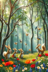Colorful Animated Forest with Dancing Animals – free AI stock image